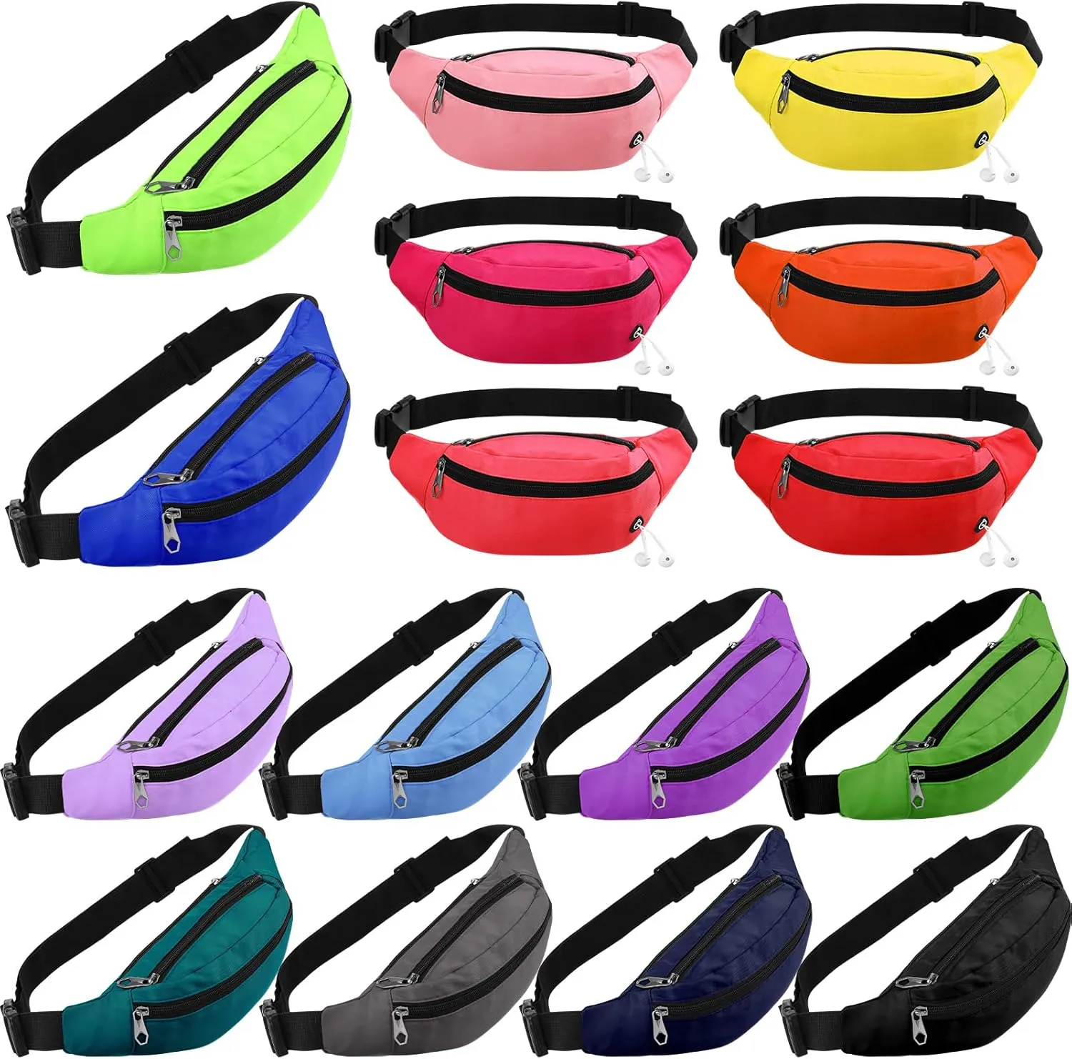 16 Pcs Fanny Packs for Men Women Colorful Waist Pack Bags with Headphone Jack Waterproof Crossbody Waist Bag Adjustable Strap Waist Pouch Bag for Running Travel Cycling Hiking Workout Casual Rave