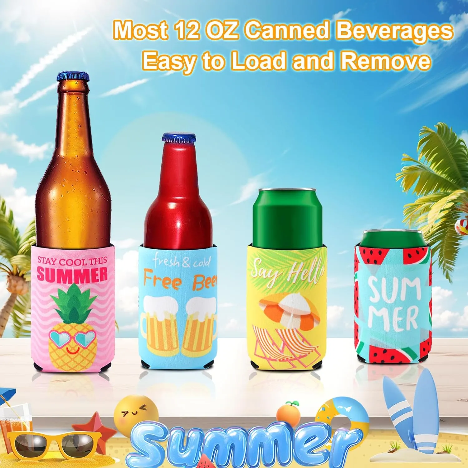 18 Pack Funny Can Cooler Sleeves Beer Drink Can Bottle Cooler Sleeves Cooler Collapsible for Summer Holiday Beach Themed Party Decorations Supplies Favors