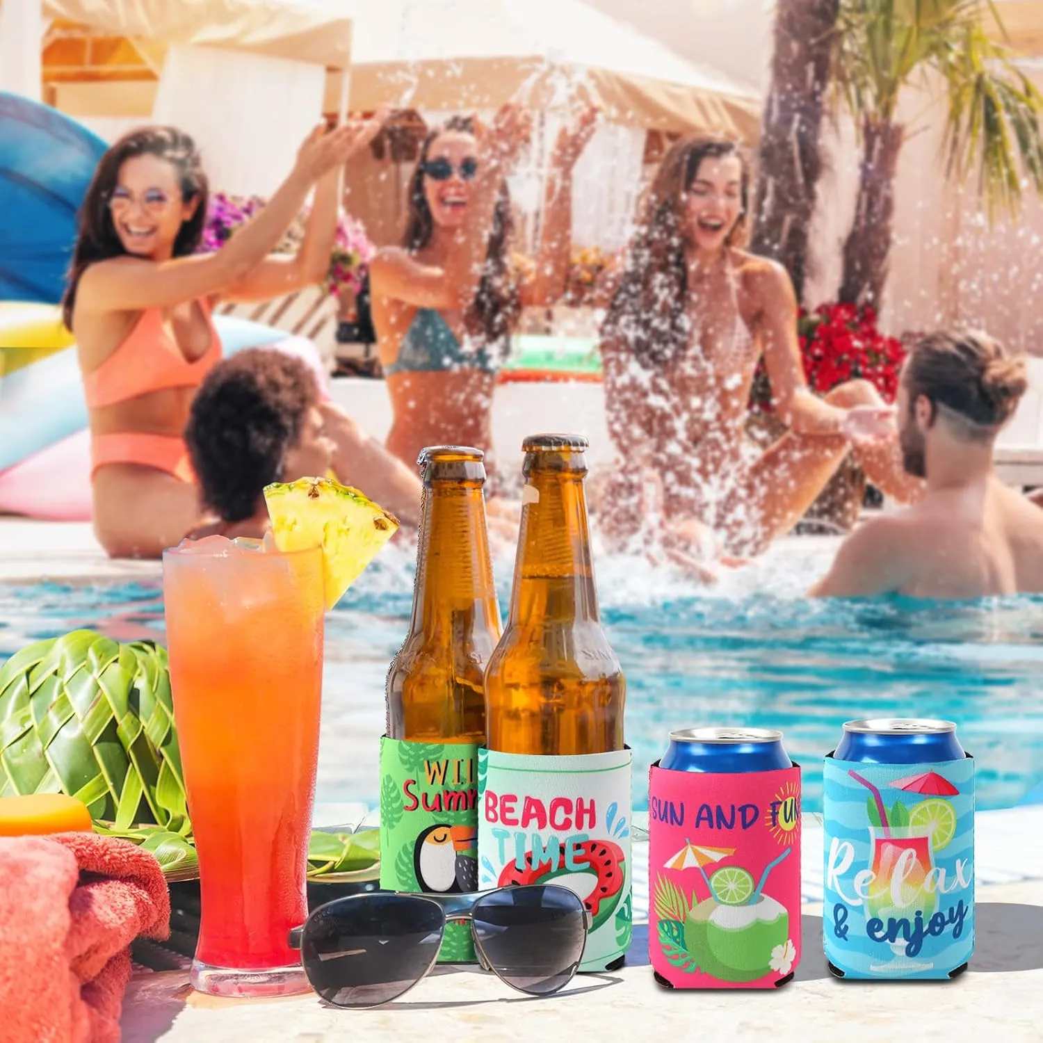 18 Pack Funny Can Cooler Sleeves Beer Drink Can Bottle Cooler Sleeves Cooler Collapsible for Summer Holiday Beach Themed Party Decorations Supplies Favors