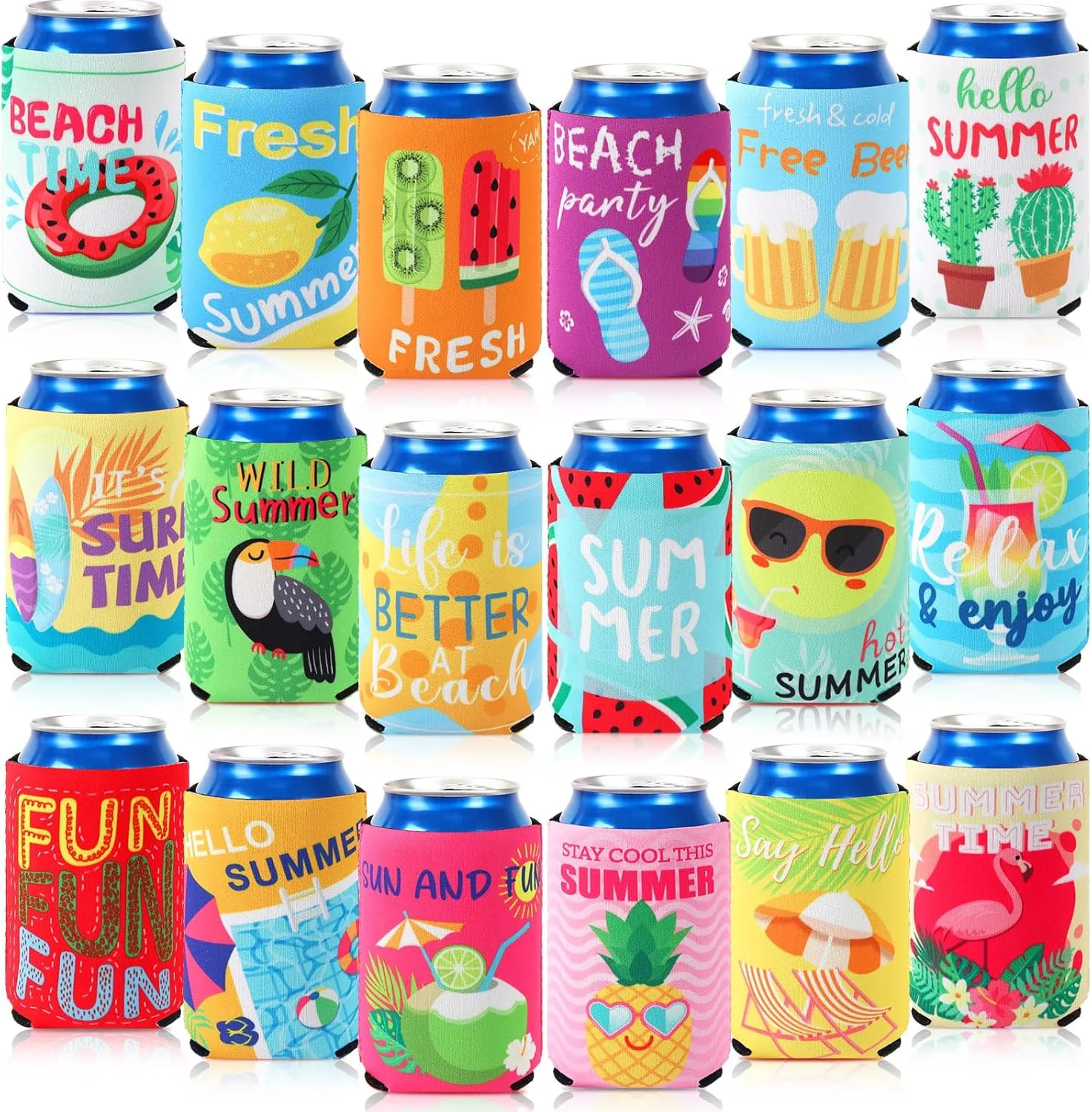 18 Pack Funny Can Cooler Sleeves Beer Drink Can Bottle Cooler Sleeves Cooler Collapsible for Summer Holiday Beach Themed Party Decorations Supplies Favors