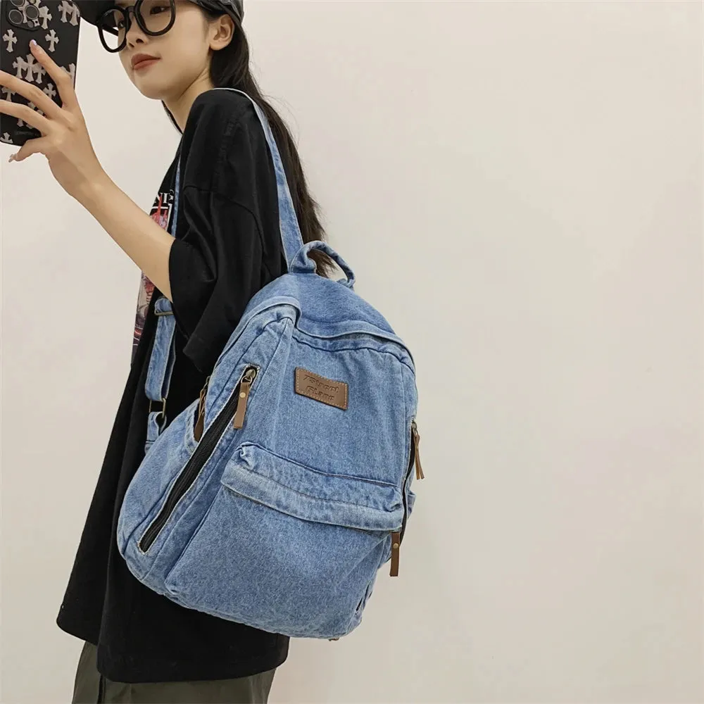 2025 Denim Fashion Backpack – Large Capacity School Rucksack with Multi Pockets, Trendy Jeans Bag for Students