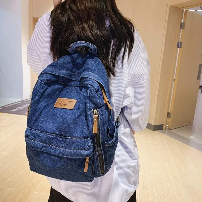 2025 Denim Fashion Backpack – Large Capacity School Rucksack with Multi Pockets, Trendy Jeans Bag for Students