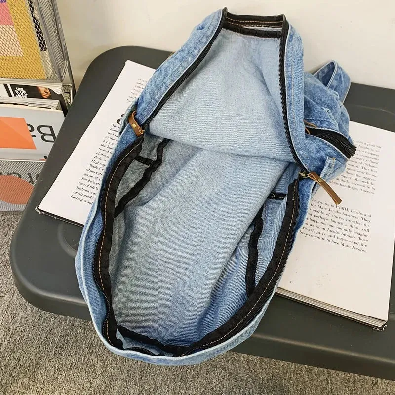 2025 Denim Fashion Backpack – Large Capacity School Rucksack with Multi Pockets, Trendy Jeans Bag for Students