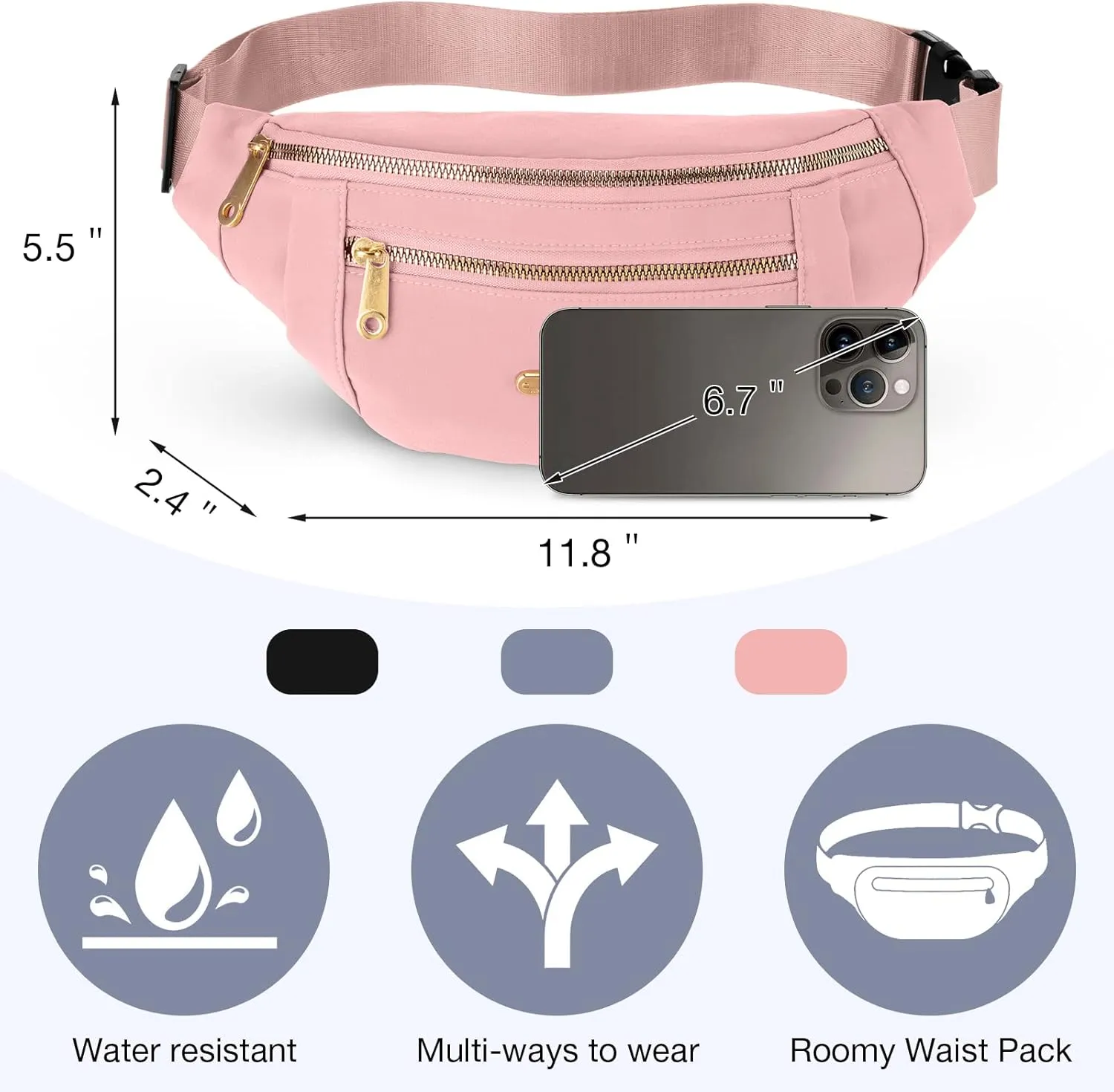 3 Pcs Waterproof Fanny Packs for Women and Men Waist Pack with Adjustable Strap Waist Pouch for Sports Running Exercise Walking Travel