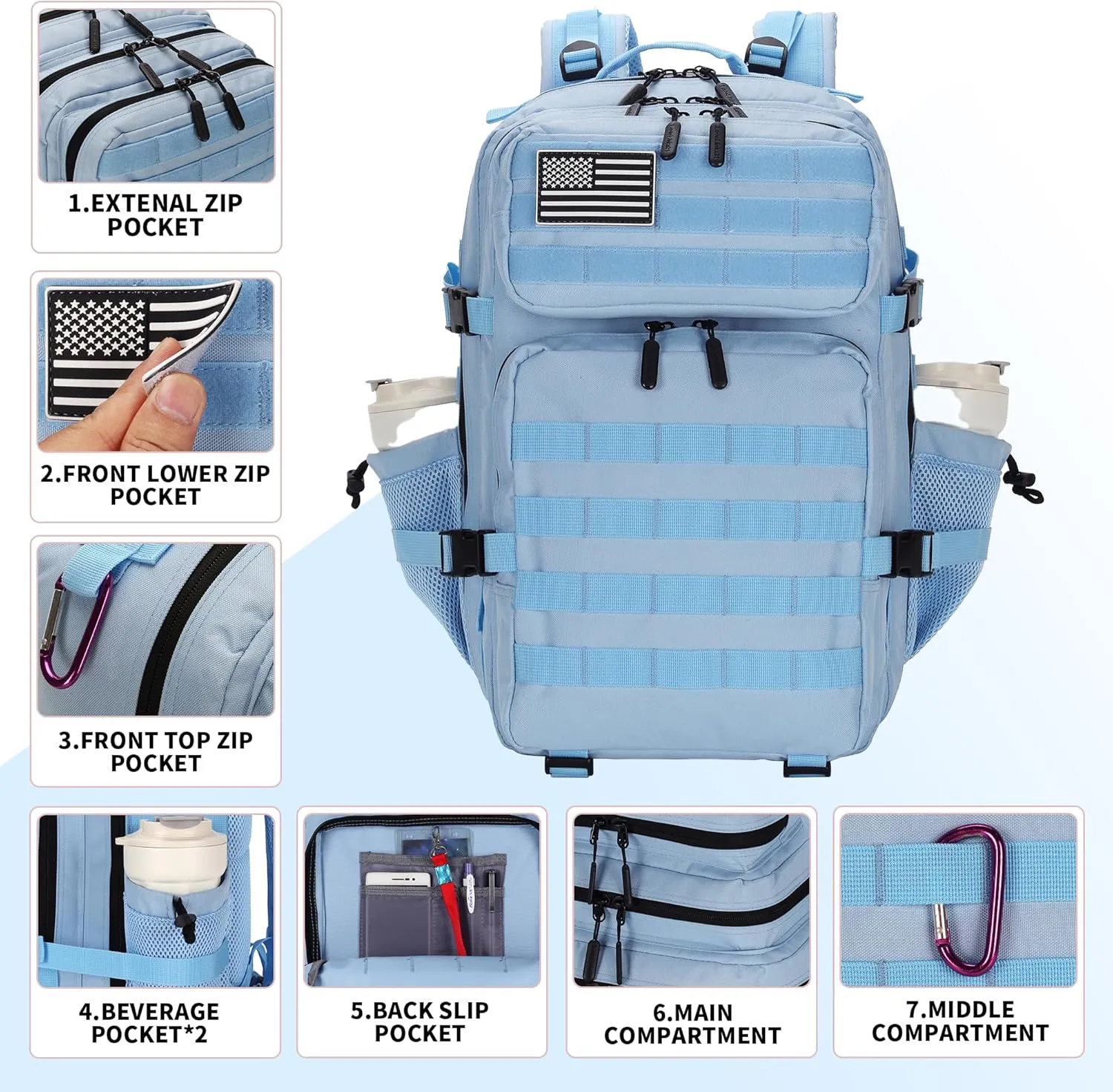 45L Tactical Assault Backpack 3 day assault pack with Molle Waterproof backpack Rucksack for Tactical Backpacks (Light blue)