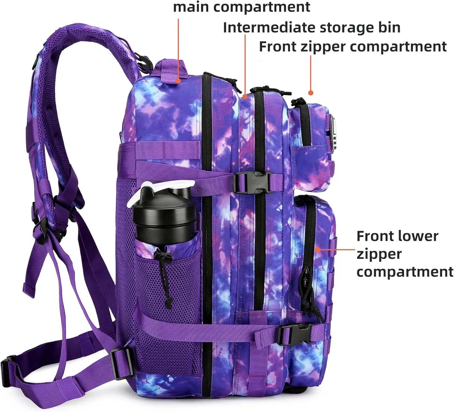45L Tactical Assault Backpack 3 day assault pack with Molle Waterproof backpack Rucksack for Tactical Backpacks (Purple Camo)