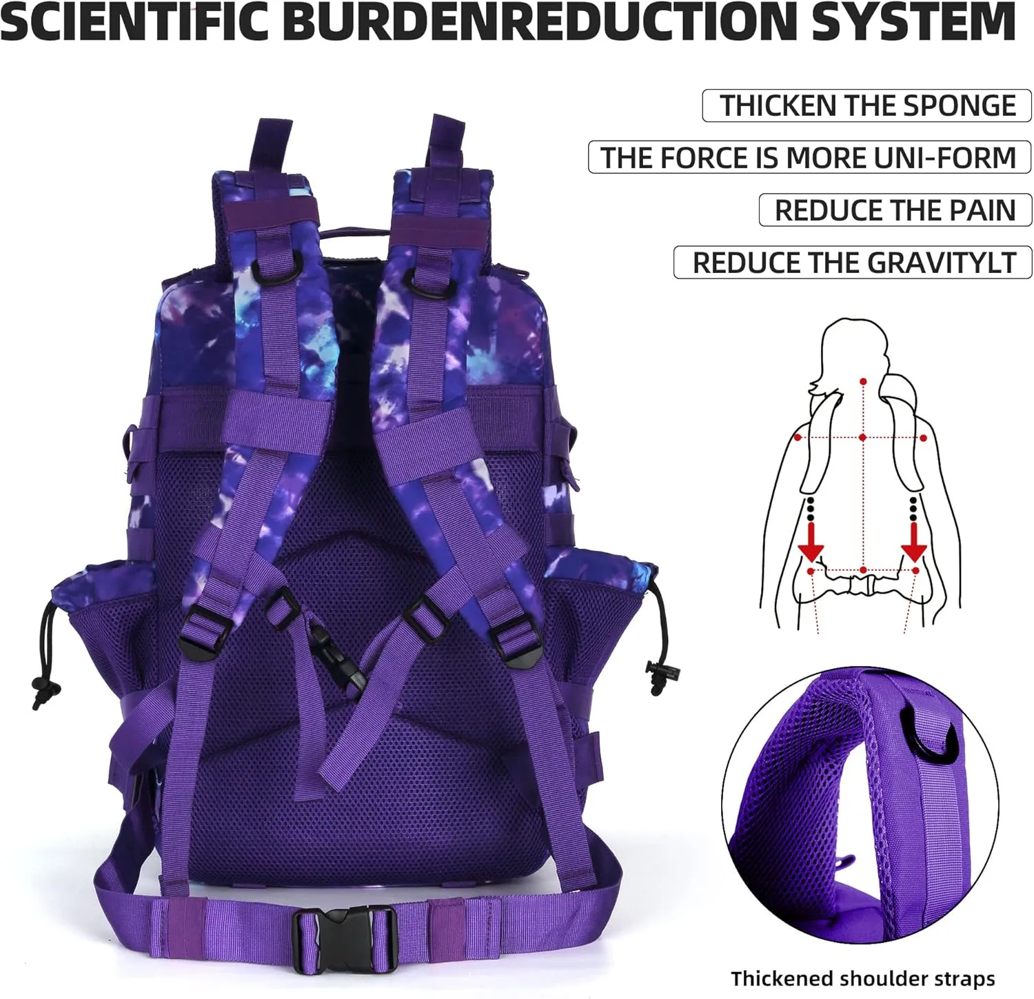 45L Tactical Assault Backpack 3 day assault pack with Molle Waterproof backpack Rucksack for Tactical Backpacks (Purple Camo)