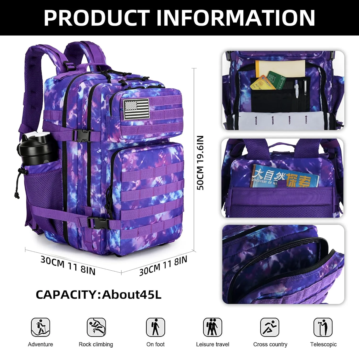 45L Tactical Assault Backpack 3 day assault pack with Molle Waterproof backpack Rucksack for Tactical Backpacks (Purple Camo)