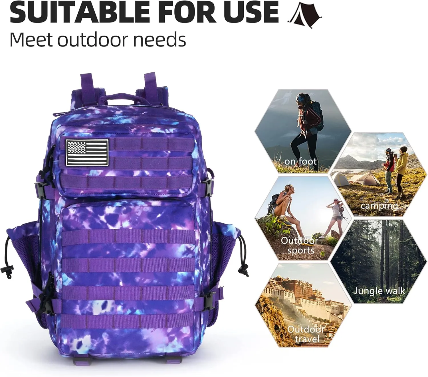 45L Tactical Assault Backpack 3 day assault pack with Molle Waterproof backpack Rucksack for Tactical Backpacks (Purple Camo)