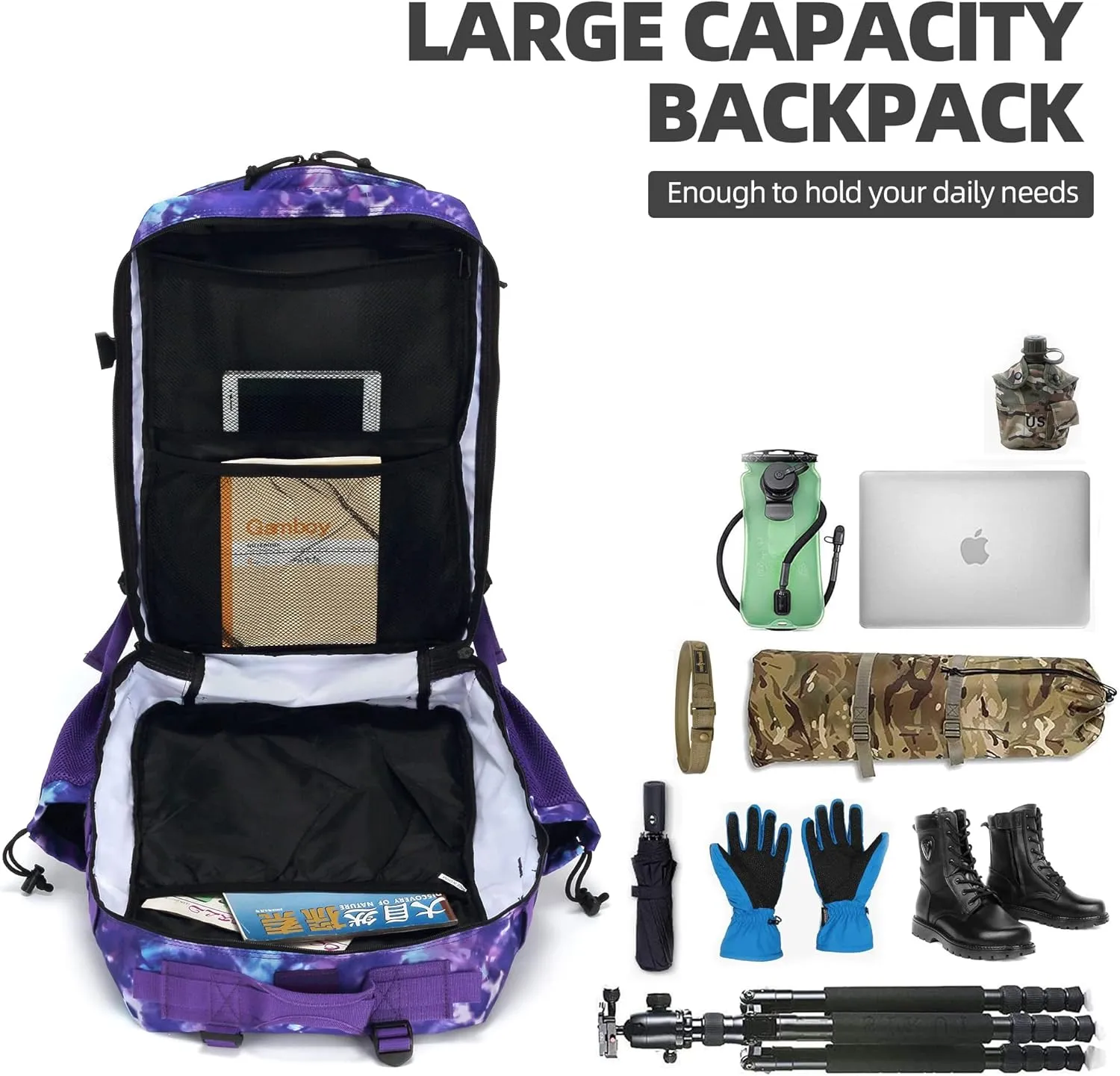 45L Tactical Assault Backpack 3 day assault pack with Molle Waterproof backpack Rucksack for Tactical Backpacks (Purple Camo)