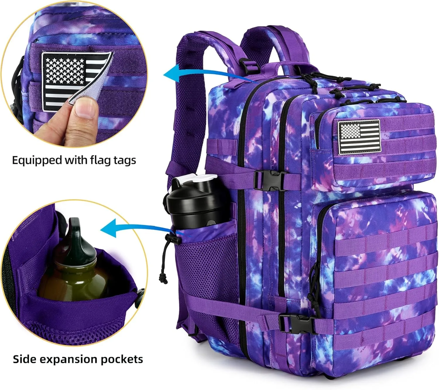 45L Tactical Assault Backpack 3 day assault pack with Molle Waterproof backpack Rucksack for Tactical Backpacks (Purple Camo)