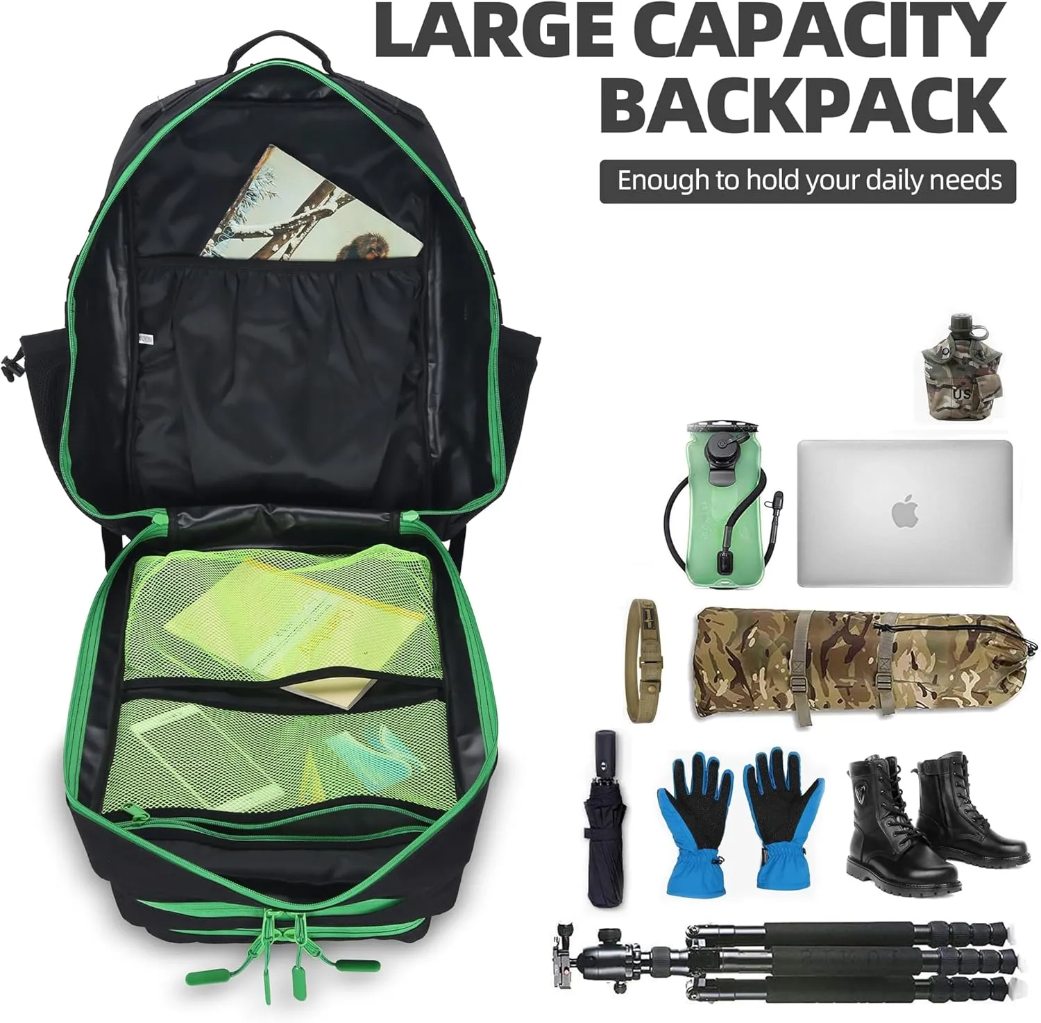 45L Tactical Assault Backpack - 3 Day Assault Pack with MOLLE Waterproof Rucksack (Back Green)