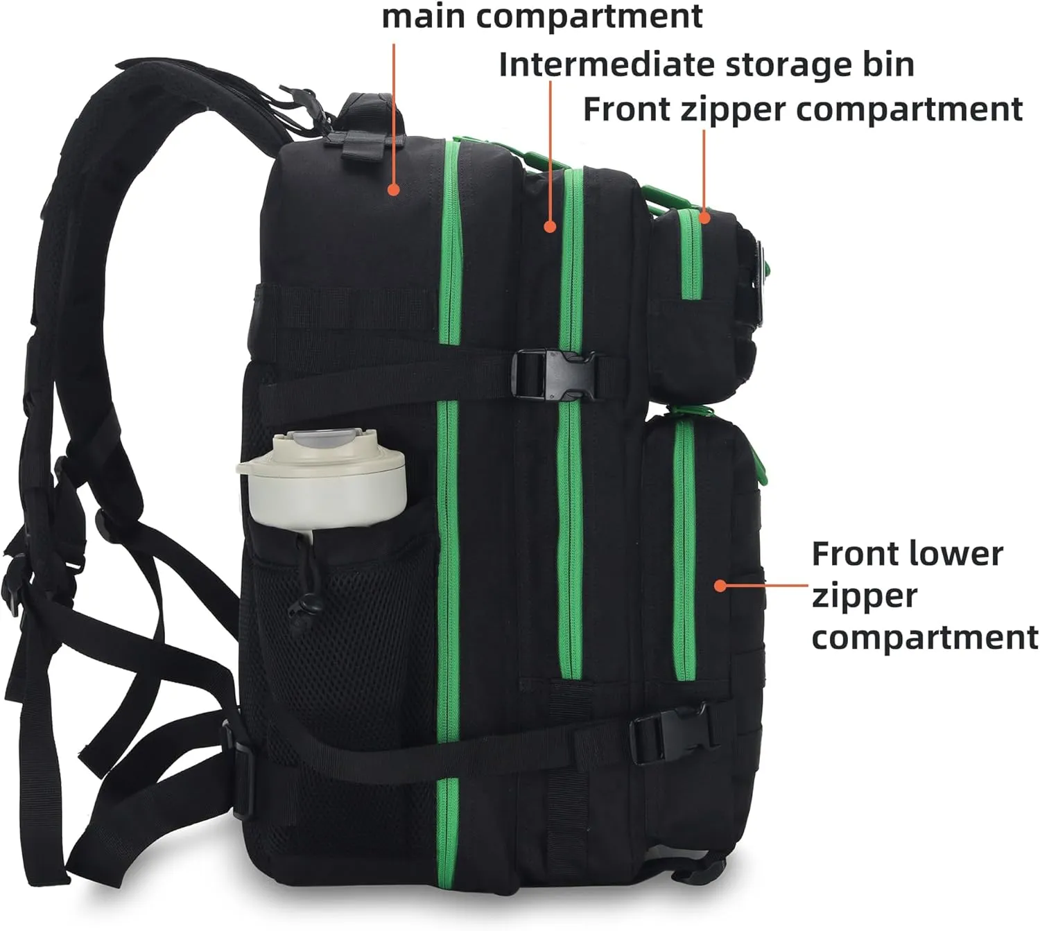 45L Tactical Assault Backpack - 3 Day Assault Pack with MOLLE Waterproof Rucksack (Back Green)