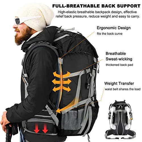 50L Hiking Backpack,Waterproof Camping Essentials Bag w/ Rain Cover