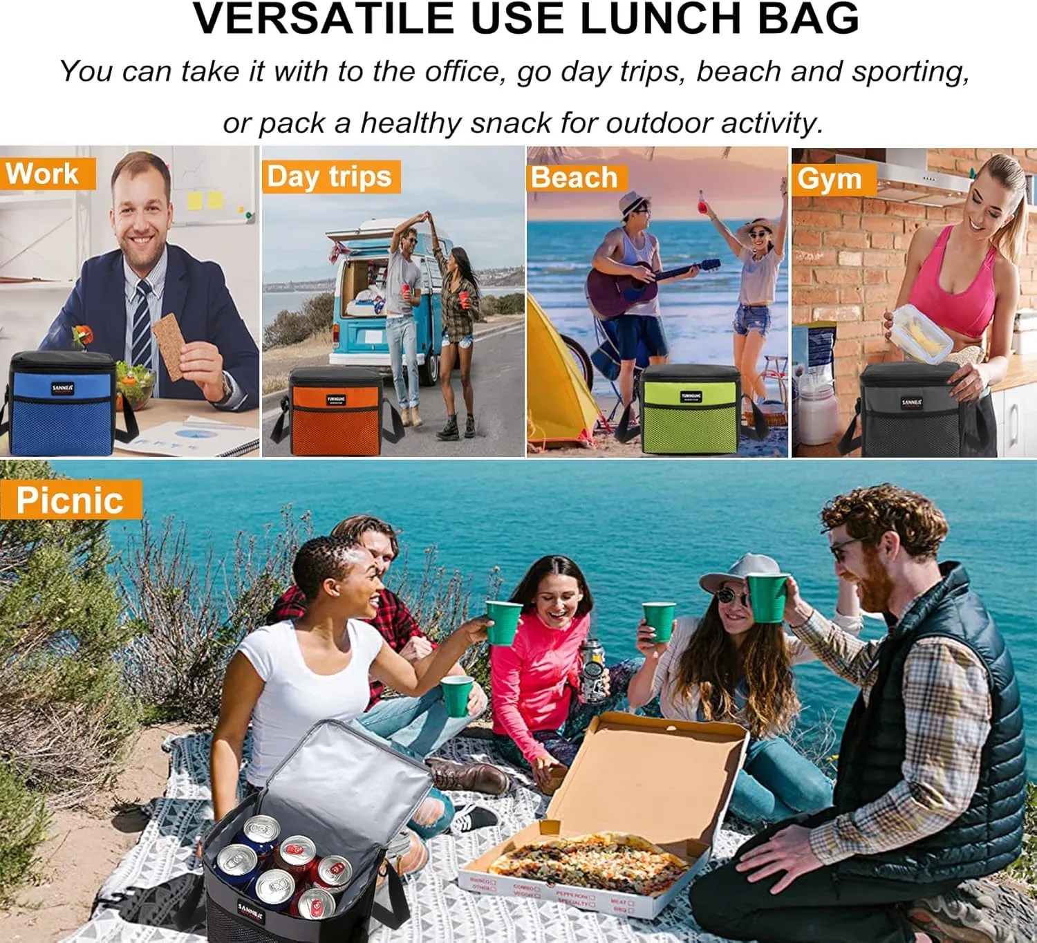 6 Can/5L Lunch Bag for Women Men Portable Lunch Box Small Cooler Bag Soft Collapsible Reusable Insulated Lunch Tote for Everyday Work Travel (Orange)