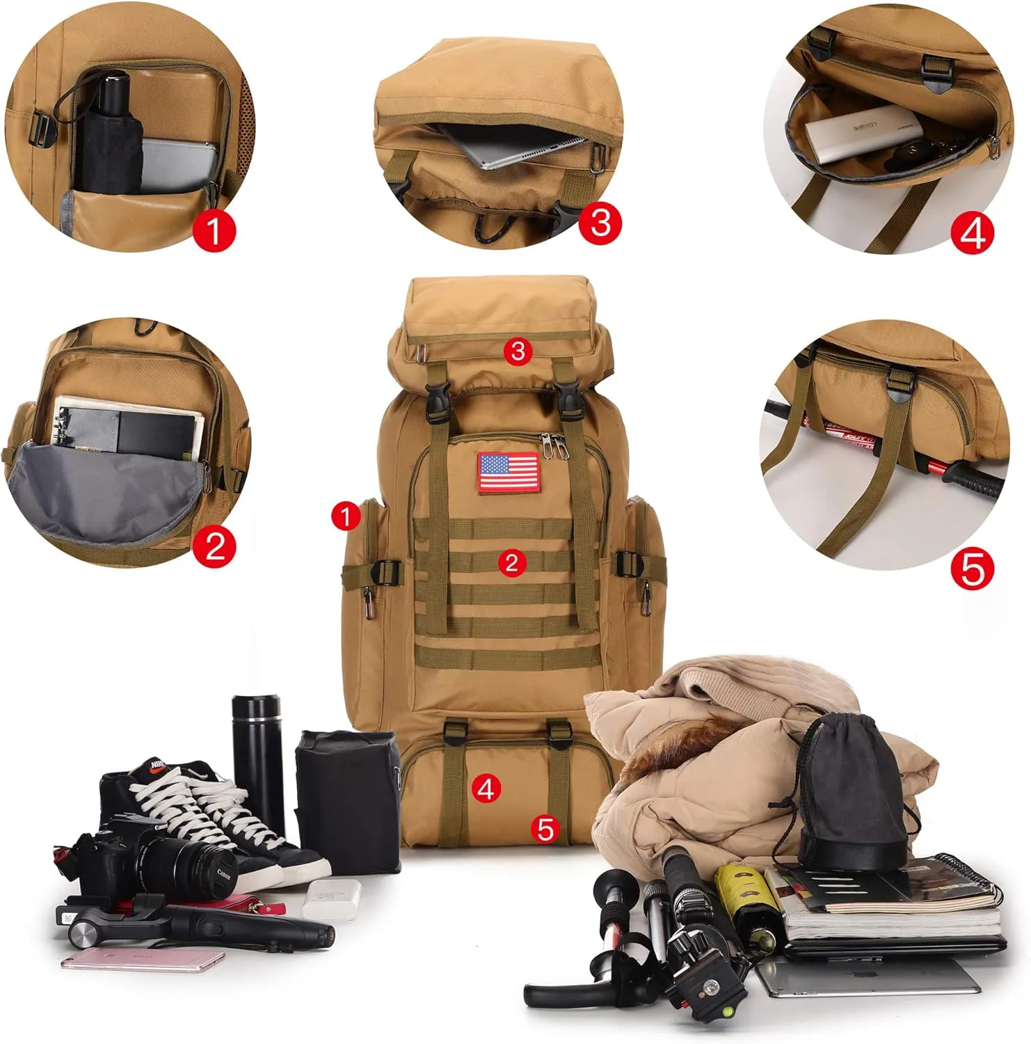 70l Hiking Backpack for Men Waterproof Military Camping Rucksack Travel Daypack