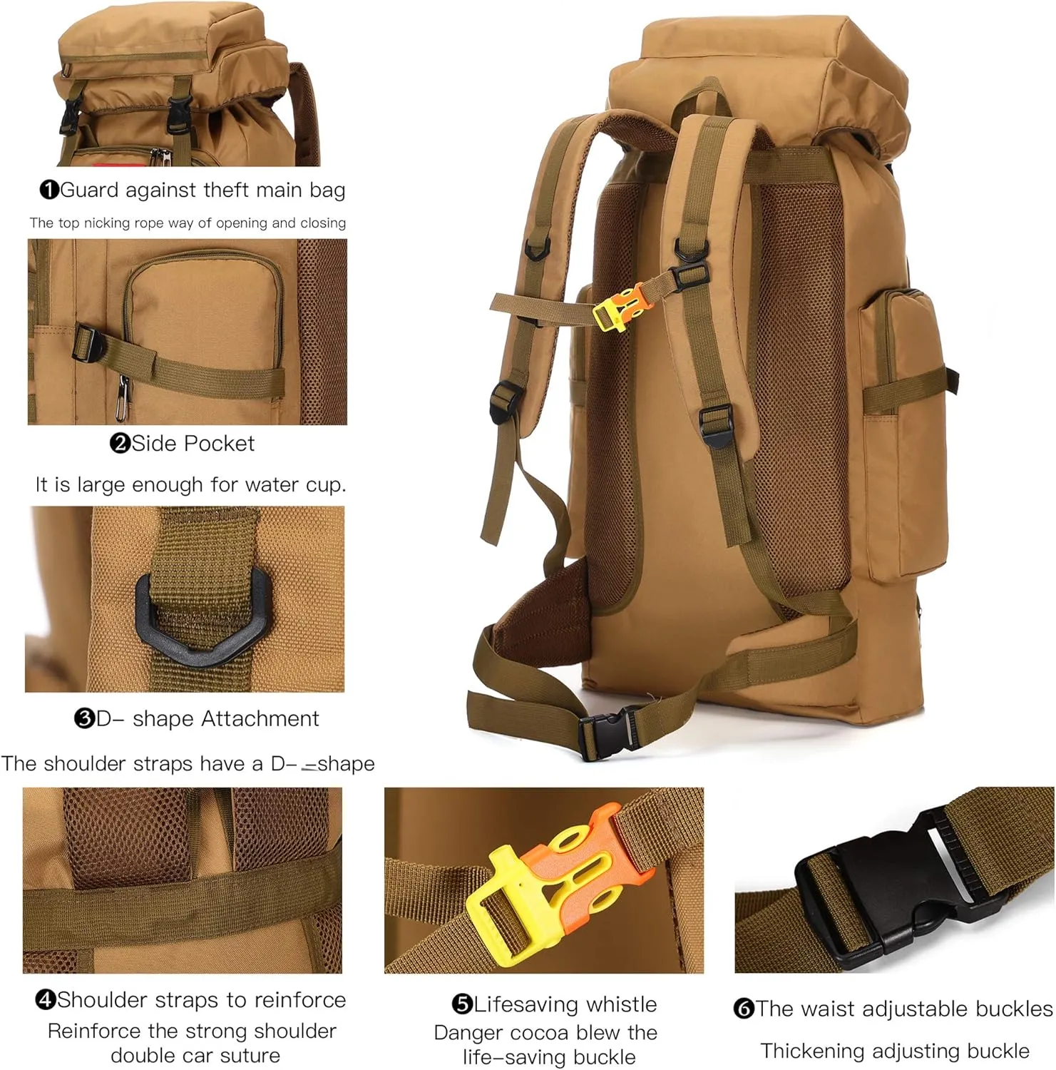 70l Hiking Backpack for Men Waterproof Military Camping Rucksack Travel Daypack