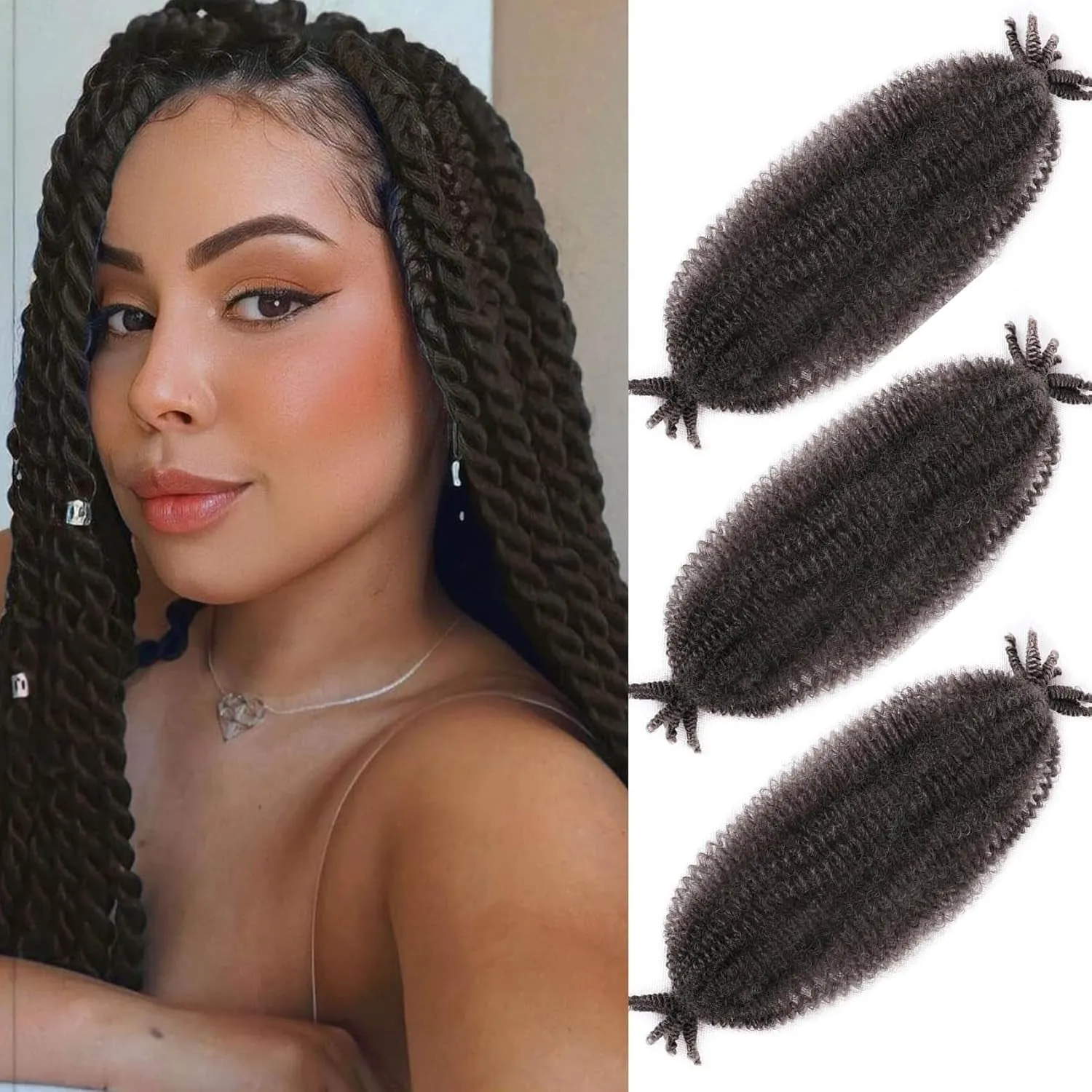 Afro Twist Hair 24 Inch 3 Packs, Springy Afro Twist Hair Pre Fluffed Spring Twist Hair Pre Stretched Wrapping Hair for Soft Locs Hair Extensions (24 Inch (Pack of 3), 1B#)