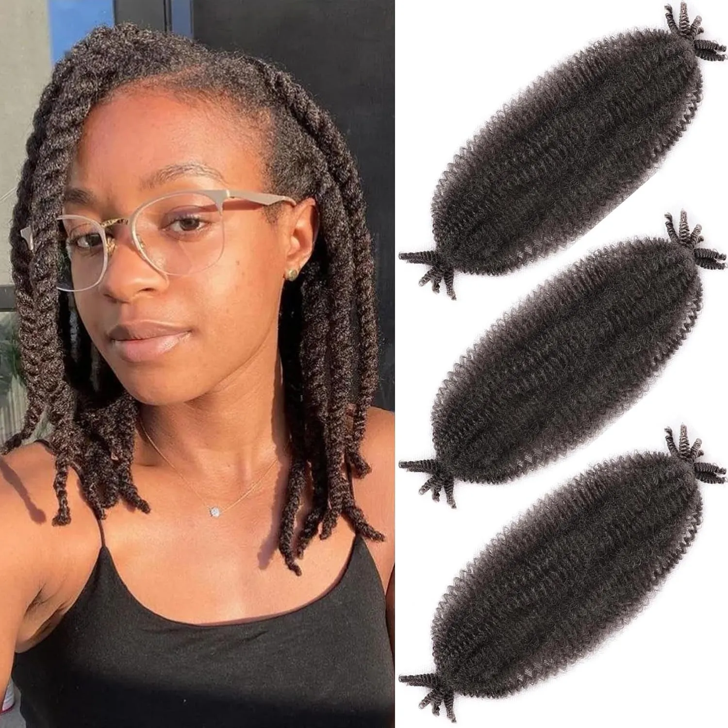 Afro Twist Hair 24 Inch 3 Packs, Springy Afro Twist Hair Pre Fluffed Spring Twist Hair Pre Stretched Wrapping Hair for Soft Locs Hair Extensions (24 Inch (Pack of 3), 1B#)