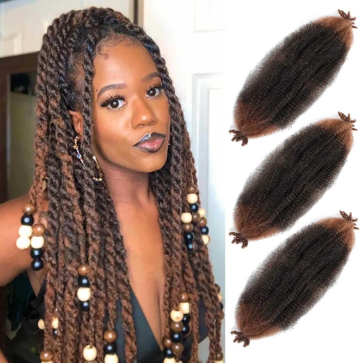 Afro Twist Hair 24 Inch 3 Packs, Springy Afro Twist Hair Pre Fluffed Spring Twist Hair Pre Stretched Wrapping Hair for Soft Locs Hair Extensions (24 Inch (Pack of 3), 1B#)
