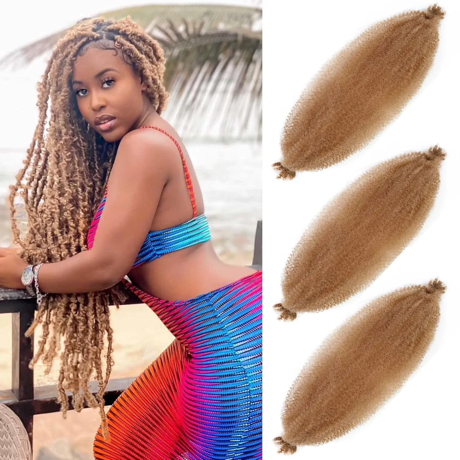 Afro Twist Hair 24 Inch 3 Packs, Springy Afro Twist Hair Pre Fluffed Spring Twist Hair Pre Stretched Wrapping Hair for Soft Locs Hair Extensions (24 Inch (Pack of 3), 1B#)