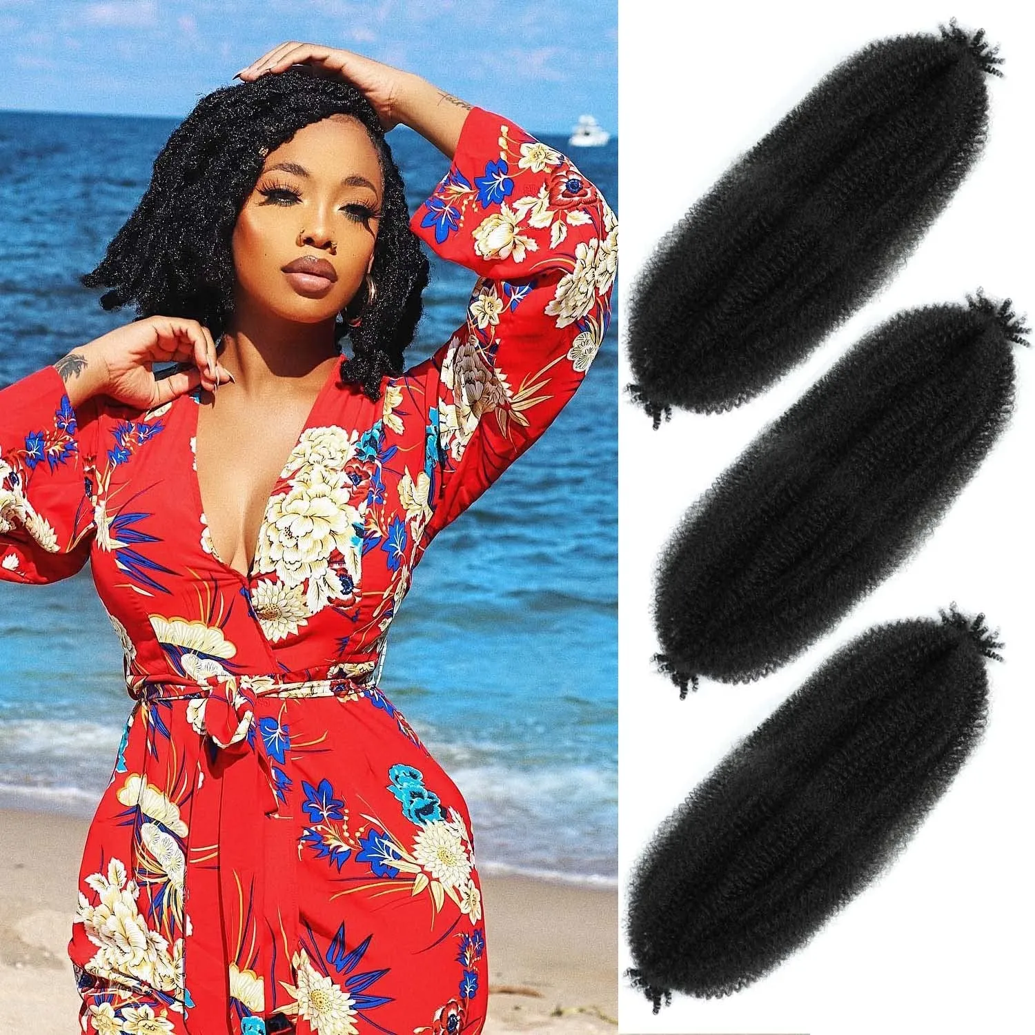 Afro Twist Hair 24 Inch 3 Packs, Springy Afro Twist Hair Pre Fluffed Spring Twist Hair Pre Stretched Wrapping Hair for Soft Locs Hair Extensions (24 Inch (Pack of 3), 1B#)