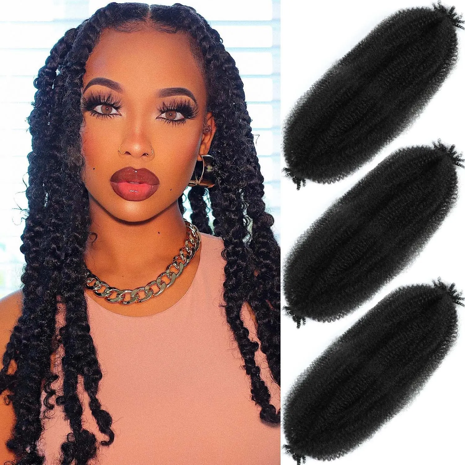 Afro Twist Hair 24 Inch 3 Packs, Springy Afro Twist Hair Pre Fluffed Spring Twist Hair Pre Stretched Wrapping Hair for Soft Locs Hair Extensions (24 Inch (Pack of 3), 1B#)