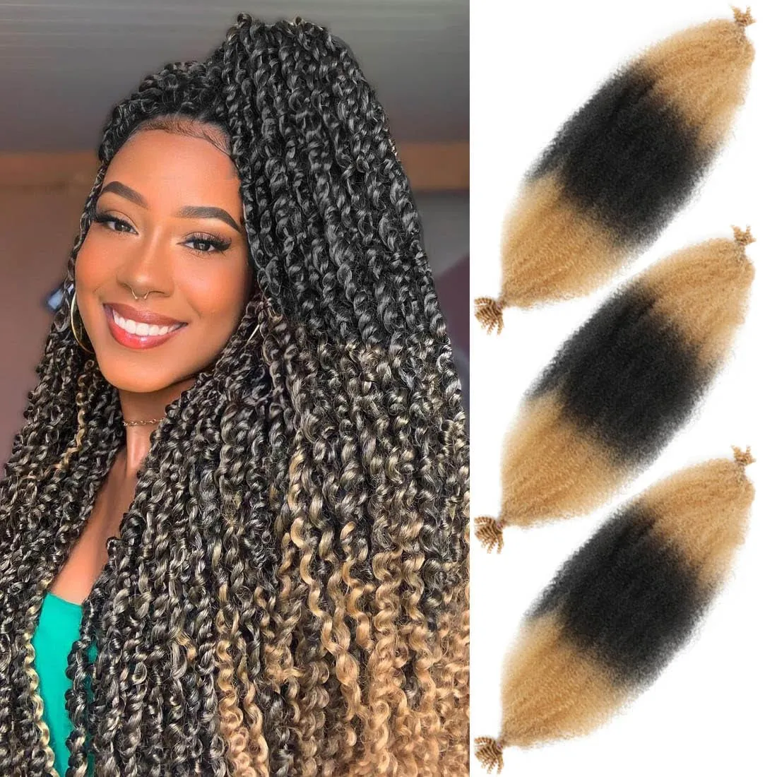 Afro Twist Hair 24 Inch 3 Packs, Springy Afro Twist Hair Pre Fluffed Spring Twist Hair Pre Stretched Wrapping Hair for Soft Locs Hair Extensions (24 Inch (Pack of 3), 1B#)
