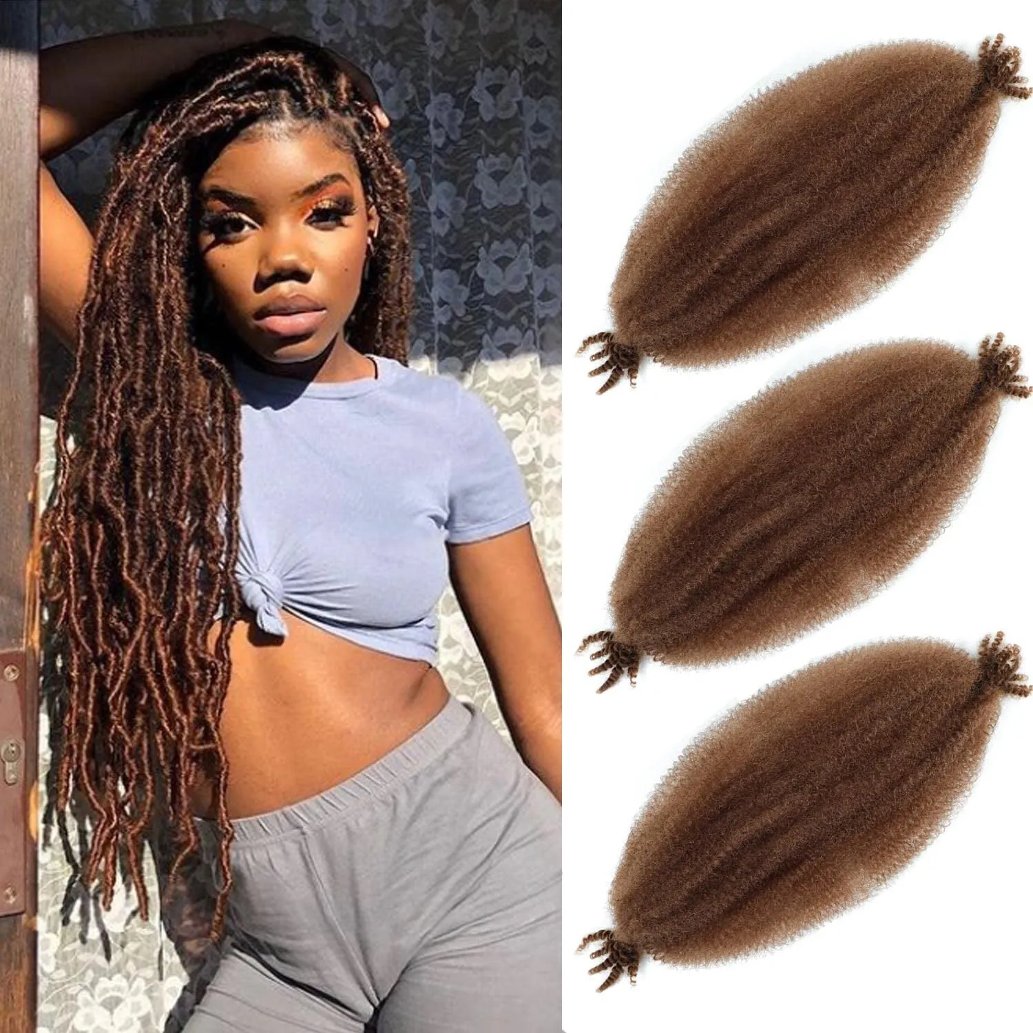 Afro Twist Hair 24 Inch 3 Packs, Springy Afro Twist Hair Pre Fluffed Spring Twist Hair Pre Stretched Wrapping Hair for Soft Locs Hair Extensions (24 Inch (Pack of 3), 1B#)