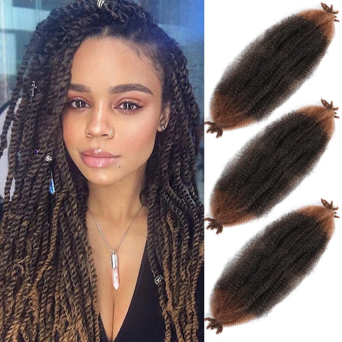 Afro Twist Hair 24 Inch 3 Packs, Springy Afro Twist Hair Pre Fluffed Spring Twist Hair Pre Stretched Wrapping Hair for Soft Locs Hair Extensions (24 Inch (Pack of 3), 1B#)