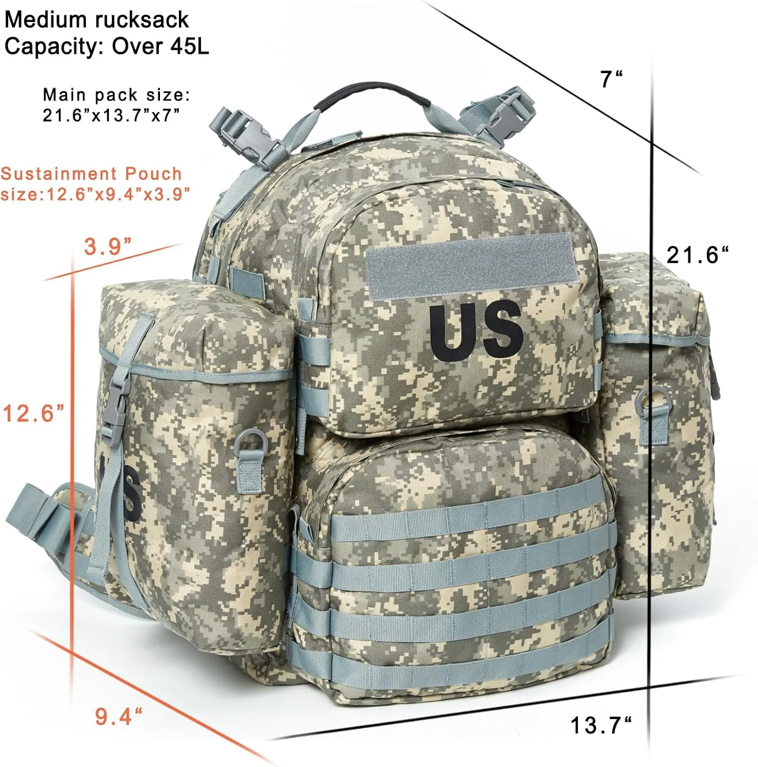 Akmax MOLLE II Medium Rucksack Military Tactical Backpack with Detachable Side Pouches & Upgraded Frame for Enhanced Comfort