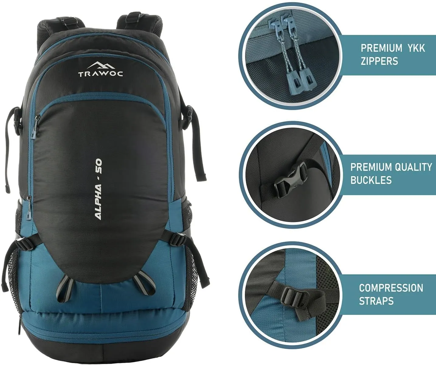ALPHA 50L Travel Backpack Water Resistant Daypack Bag for Cycling Trekking Hiking Camping for Men & Women, Sky Blue