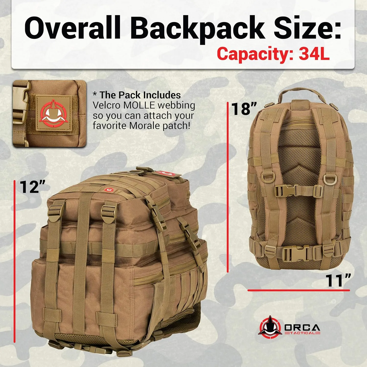 Backpack - 34L Molle Backpack - Military Army Style 1 to 2 Day Assault Pack Rucksack Survival Bag