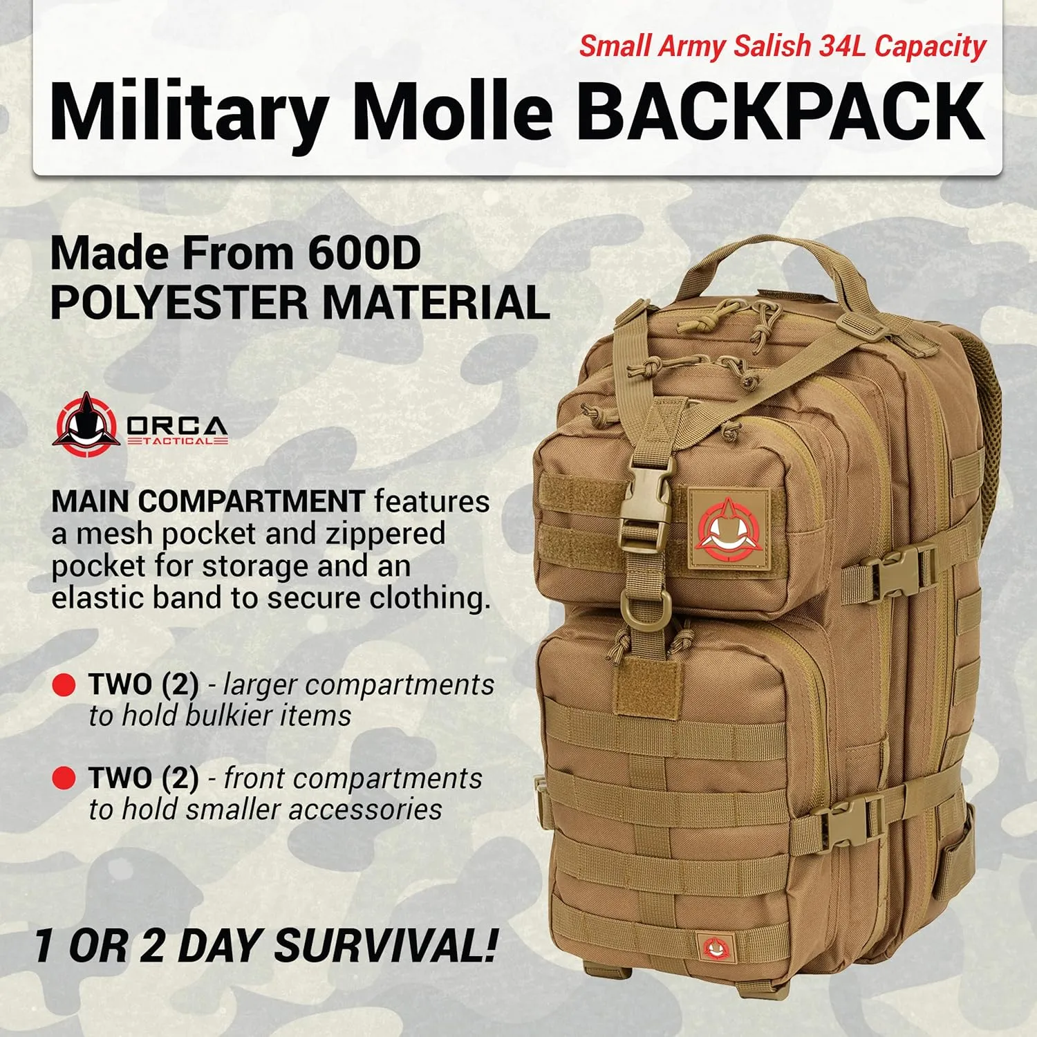 Backpack - 34L Molle Backpack - Military Army Style 1 to 2 Day Assault Pack Rucksack Survival Bag