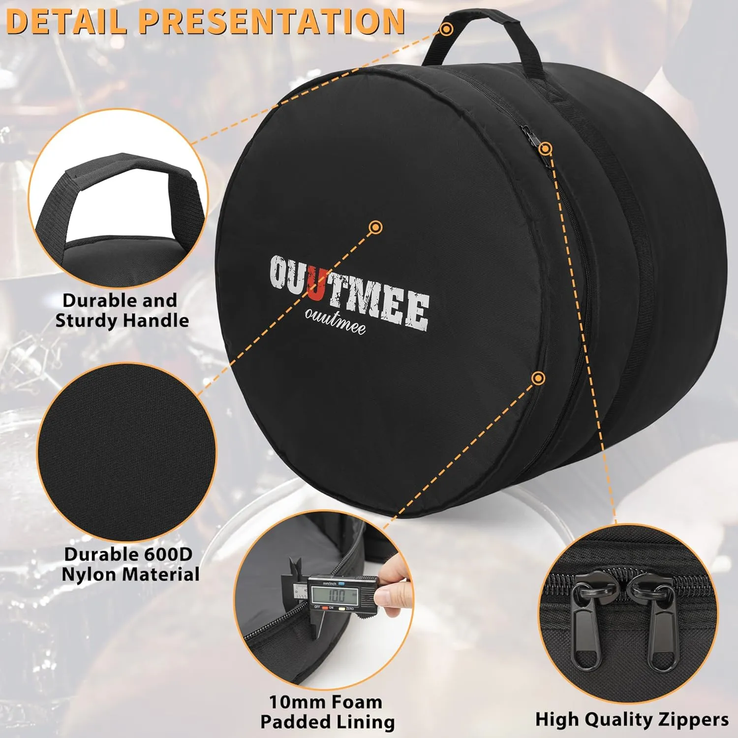 Bass Drum Bag For Bass Tom 22"x18", 10mm Thick Padded Travel Drum Case