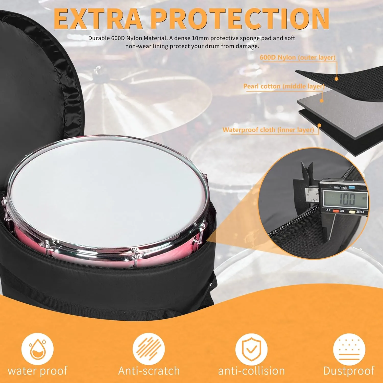 Bass Drum Bag For Bass Tom 22"x18", 10mm Thick Padded Travel Drum Case