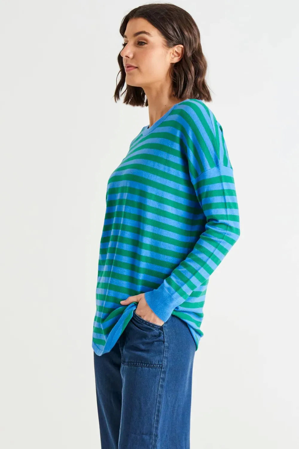 BETTY BASICS Sophie Relaxed Knit Jumper - Green/Blue Stripe
