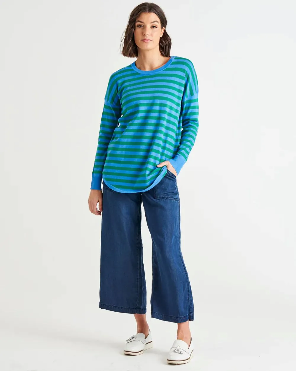 BETTY BASICS Sophie Relaxed Knit Jumper - Green/Blue Stripe