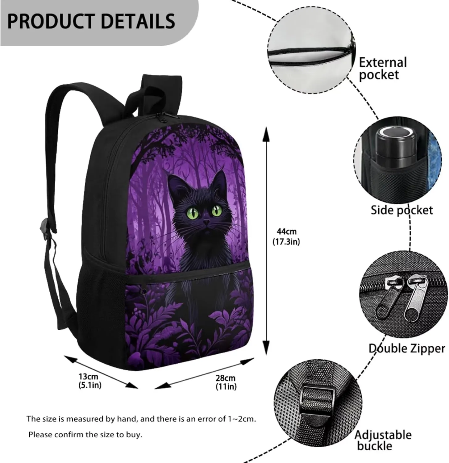 Black Cat Backpack for Kids with Lunch Box Set Primary School Student Backpack and Lunch Bag Combo 4-in-1 Bookbag for 3rd Grade Lunchbox Pencil Case Water Bottle Holder