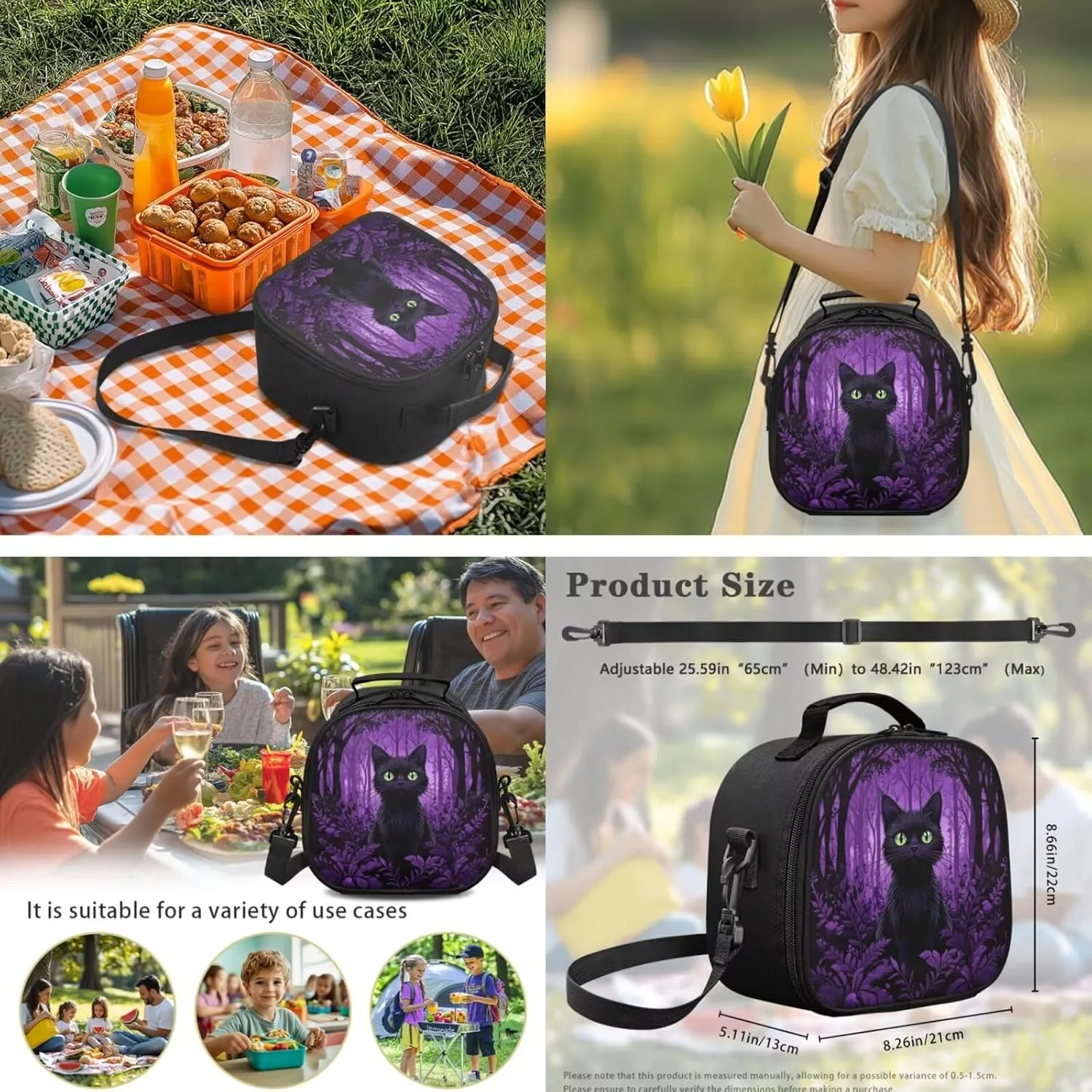 Black Cat Backpack for Kids with Lunch Box Set Primary School Student Backpack and Lunch Bag Combo 4-in-1 Bookbag for 3rd Grade Lunchbox Pencil Case Water Bottle Holder