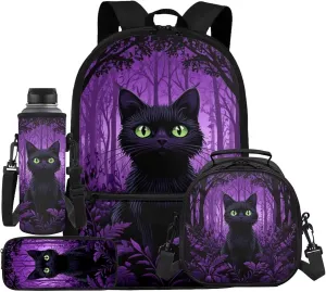 Black Cat Backpack for Kids with Lunch Box Set Primary School Student Backpack and Lunch Bag Combo 4-in-1 Bookbag for 3rd Grade Lunchbox Pencil Case Water Bottle Holder