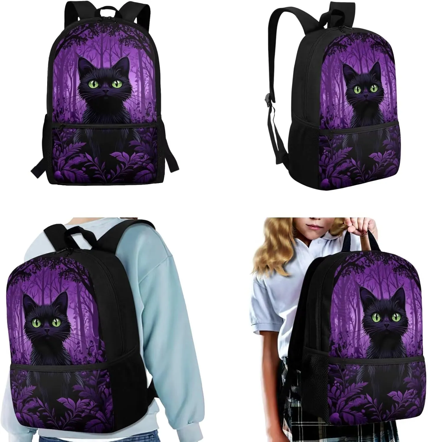Black Cat Backpack for Kids with Lunch Box Set Primary School Student Backpack and Lunch Bag Combo 4-in-1 Bookbag for 3rd Grade Lunchbox Pencil Case Water Bottle Holder