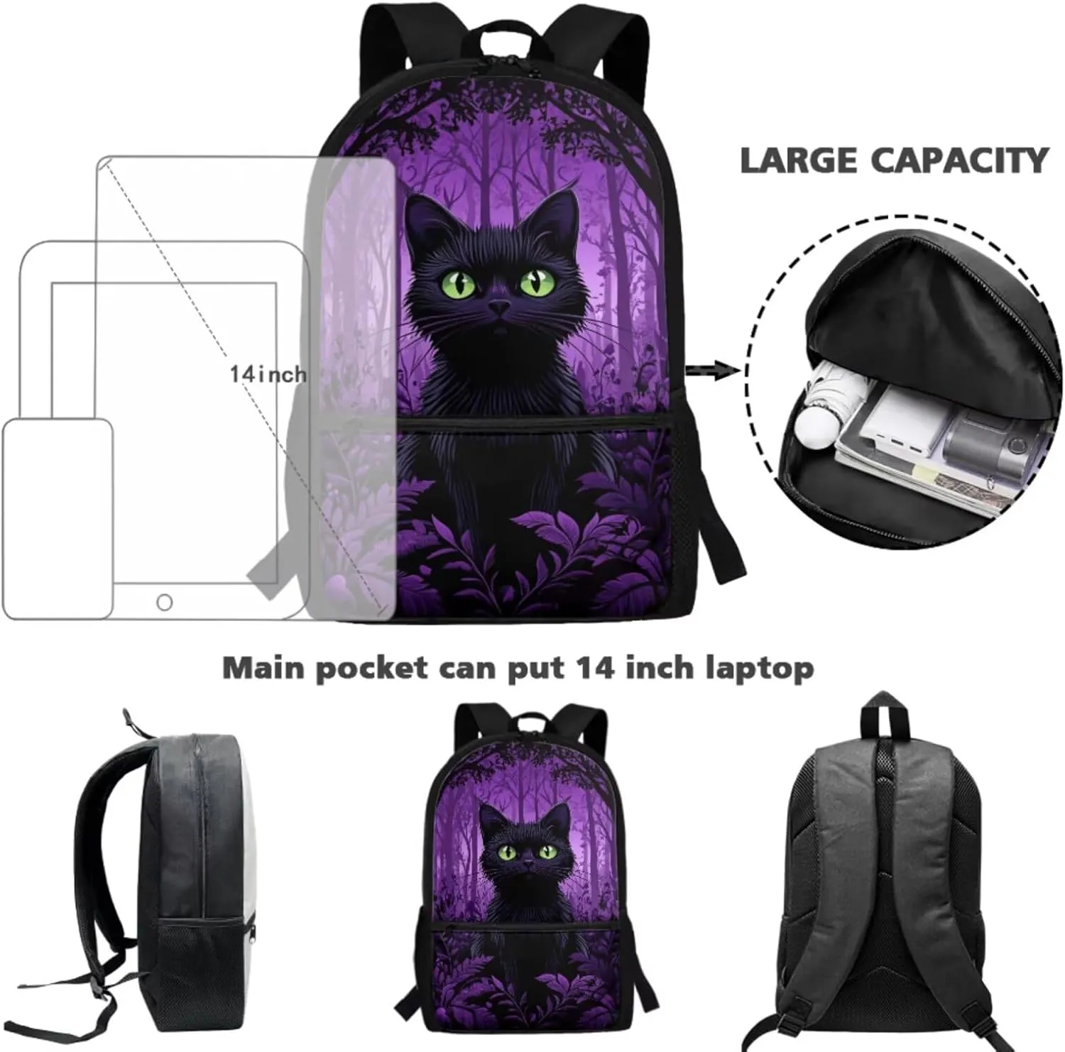 Black Cat Backpack for Kids with Lunch Box Set Primary School Student Backpack and Lunch Bag Combo 4-in-1 Bookbag for 3rd Grade Lunchbox Pencil Case Water Bottle Holder