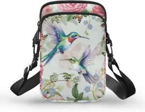 Blue Flower Crossbody Bag Hummingbird Butterfly Shoulder Bag for Women Crossbody Portable Hiking Daypacks with Two Pockets Cross Body Bag for Hiking Outdoors