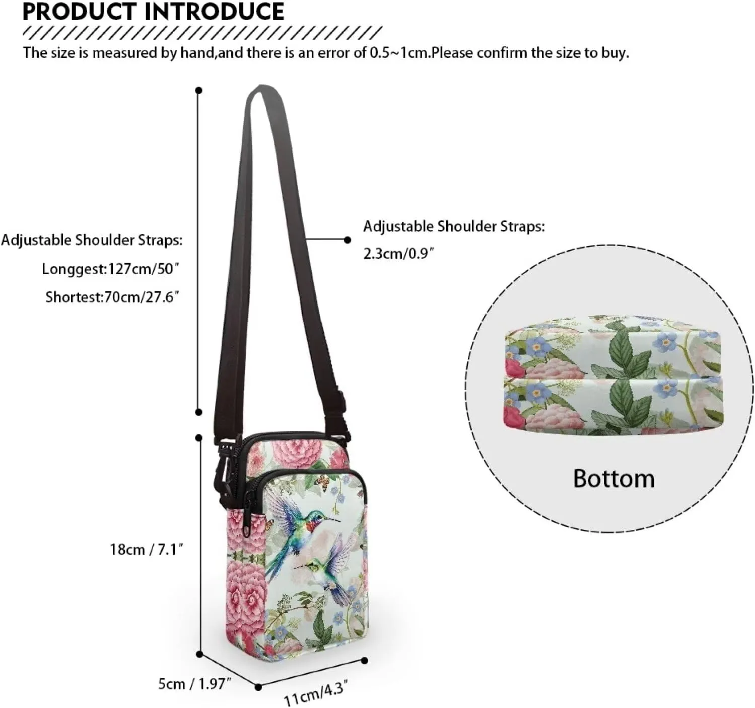 Blue Flower Crossbody Bag Hummingbird Butterfly Shoulder Bag for Women Crossbody Portable Hiking Daypacks with Two Pockets Cross Body Bag for Hiking Outdoors