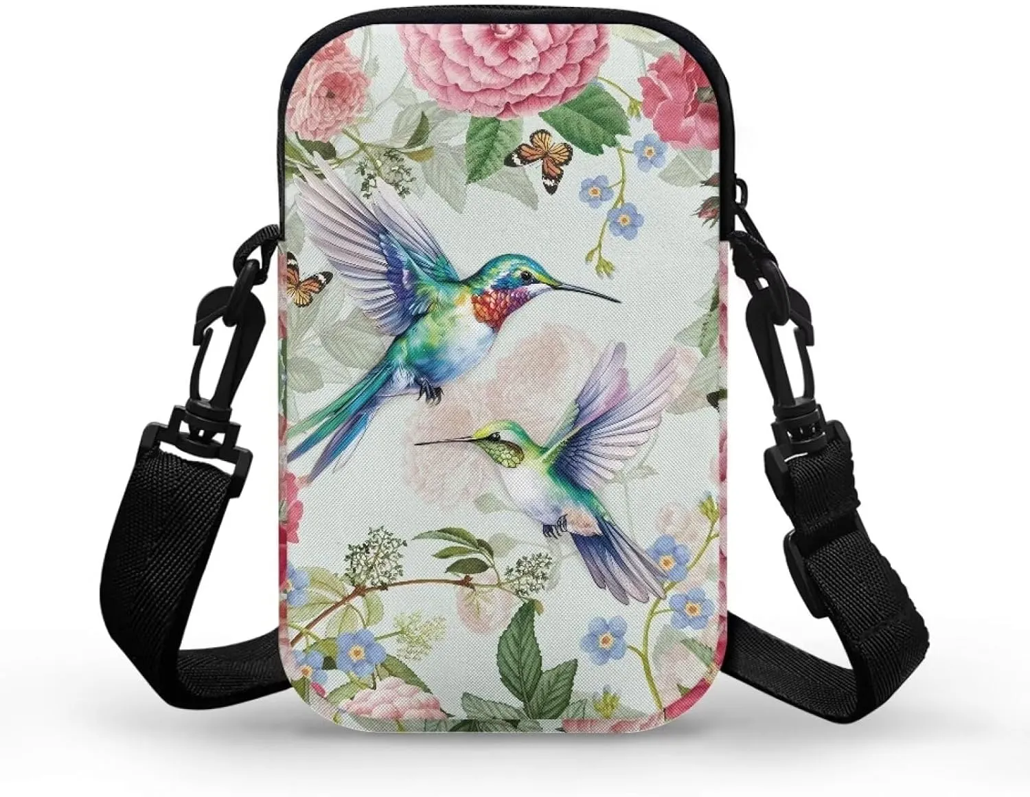 Blue Flower Crossbody Bag Hummingbird Butterfly Shoulder Bag for Women Crossbody Portable Hiking Daypacks with Two Pockets Cross Body Bag for Hiking Outdoors