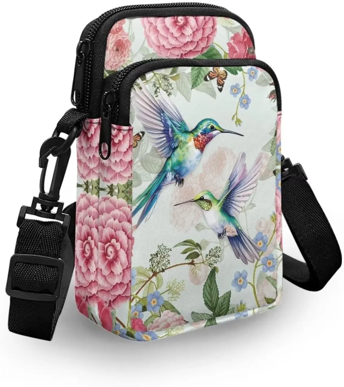 Blue Flower Crossbody Bag Hummingbird Butterfly Shoulder Bag for Women Crossbody Portable Hiking Daypacks with Two Pockets Cross Body Bag for Hiking Outdoors