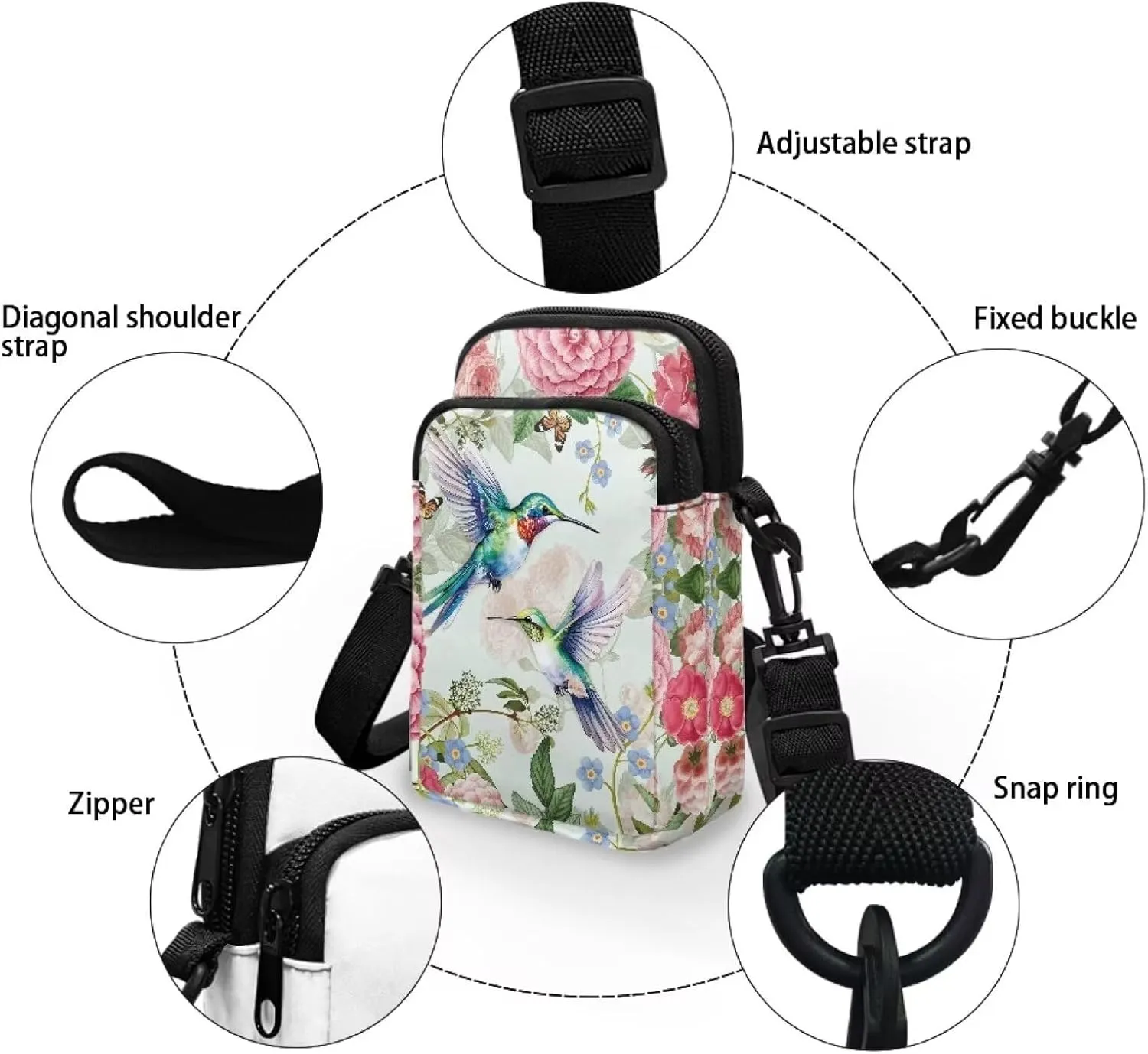 Blue Flower Crossbody Bag Hummingbird Butterfly Shoulder Bag for Women Crossbody Portable Hiking Daypacks with Two Pockets Cross Body Bag for Hiking Outdoors