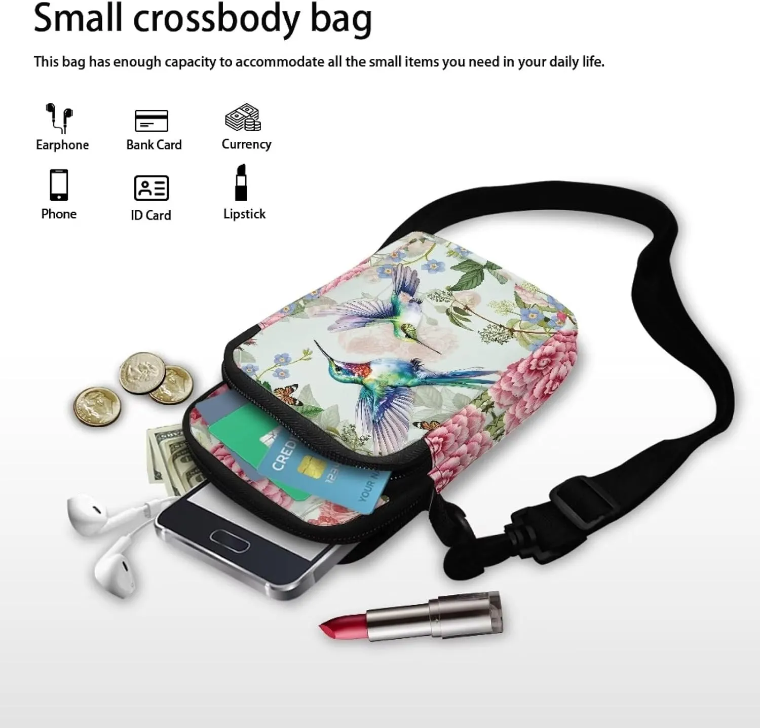 Blue Flower Crossbody Bag Hummingbird Butterfly Shoulder Bag for Women Crossbody Portable Hiking Daypacks with Two Pockets Cross Body Bag for Hiking Outdoors