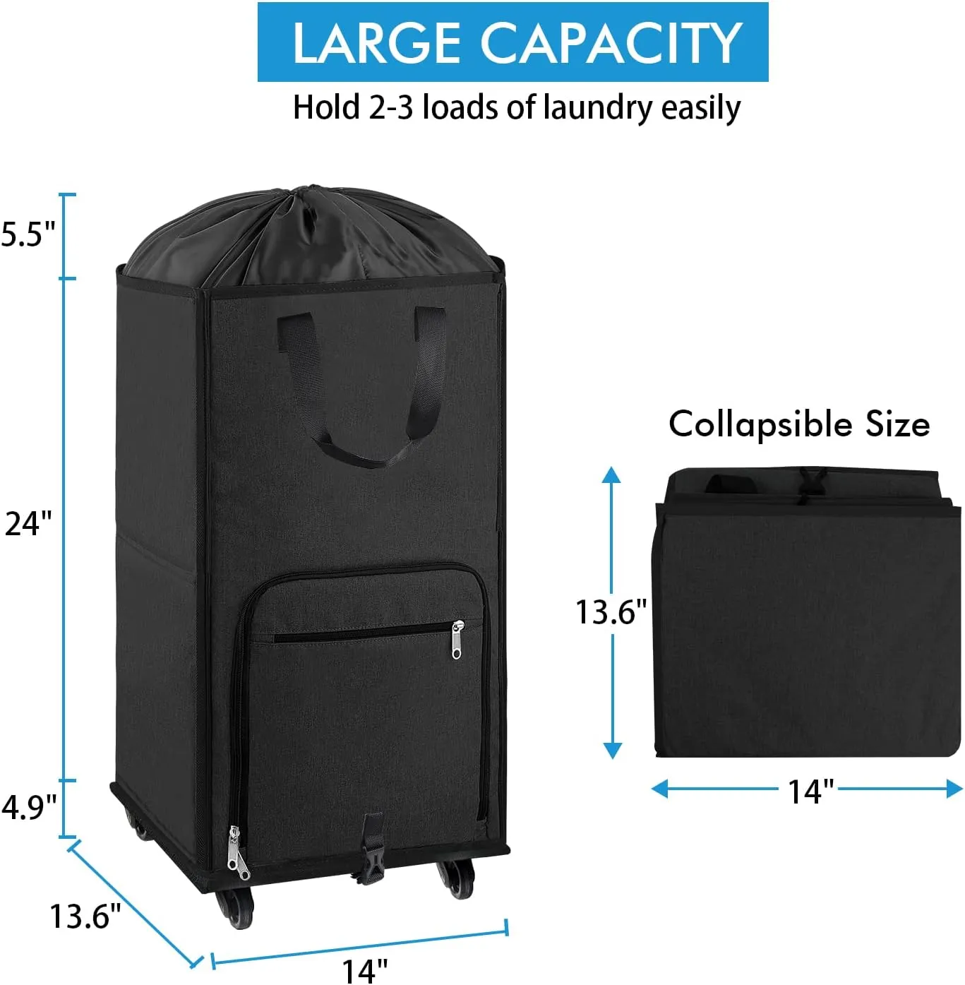 Bukere Laundry Hamper with Wheels, Large Rolling Laundry Basket with 4 Casters and 2 Handles, Collapsible Freestanding Wheeled Laundry Bag for Clothes, Laundry Room, Bathroom Midnight Grey